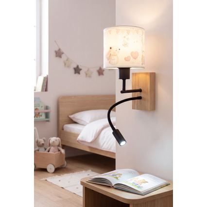 Brilagi - LED Flexibele kinderwandlamp BOBO WOOD 1xE27/25W/230V + LED/3W eiken/zwart/crème/konijntjes