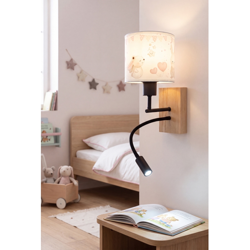 Brilagi - LED Flexibele kinderwandlamp BOBO WOOD 1xE27/25W/230V + LED/3W eiken/zwart/crème/konijntjes