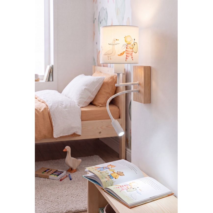 Brilagi - LED flexibele kinderwandlamp BOBO WOOD 1xE27/25W/230V + LED/3W eik/wit/diermotieven