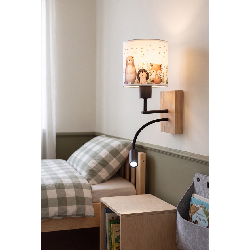 Brilagi - flexibele LED-wandlamp voor kinderen BOBO WOOD 1xE27/25W/230V + LED/3W eiken/zwart/wit/met dieren
