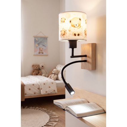Brilagi - LED flexibele wandlamp BOBO WOOD voor de kinderkamer, 1xE27/25W/230V + LED/3W, eiken/zwart/wit, berenmotief