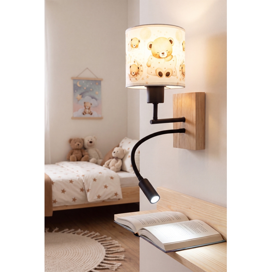 Brilagi - LED flexibele wandlamp BOBO WOOD voor de kinderkamer, 1xE27/25W/230V + LED/3W, eiken/zwart/wit, berenmotief