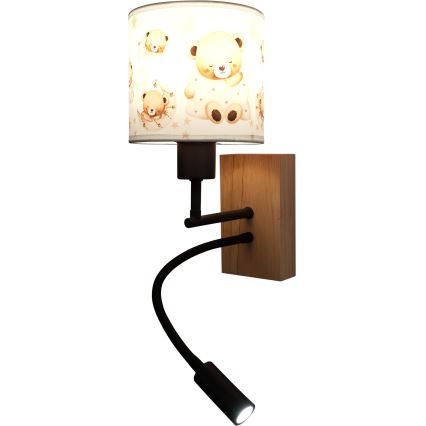 Brilagi - LED flexibele wandlamp BOBO WOOD voor de kinderkamer, 1xE27/25W/230V + LED/3W, eiken/zwart/wit, berenmotief