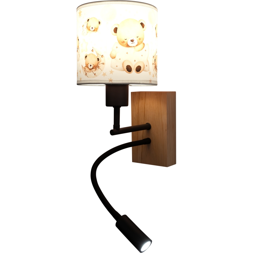 Brilagi - LED flexibele wandlamp BOBO WOOD voor de kinderkamer, 1xE27/25W/230V + LED/3W, eiken/zwart/wit, berenmotief