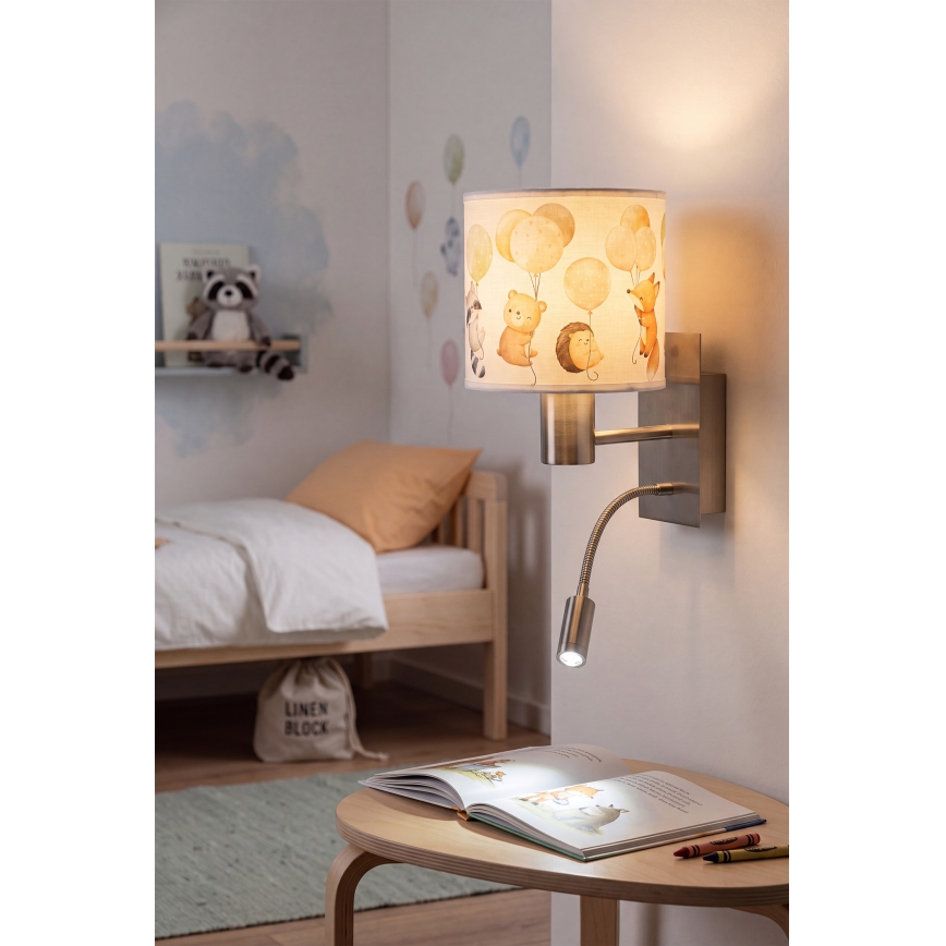 Brilagi - LED flexibele wandlamp voor kinderen BOBO 1xE27/25W/230V + LED/3W mat chroom/wit met dierenmotief