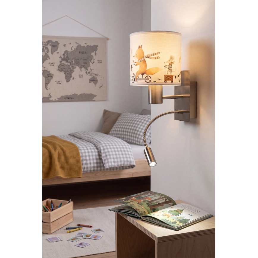 Brilagi - LED flexibele kinderwandlamp BOBO 1xE27/25W/230V + LED/3W mat chroom/wit/diermotief