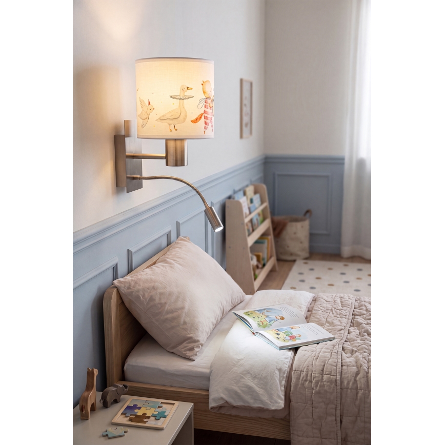Brilagi - LED flexibele kinderwandlamp BOBO 1xE27/25W/230V + LED/3W mat chroom/wit/met diertjes
