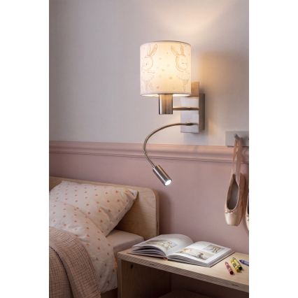 Brilagi - LED flexibele wandlamp voor kinderen BOBO 1xE27/25W/230V + LED/3W mat chroom/wit/konijntjes