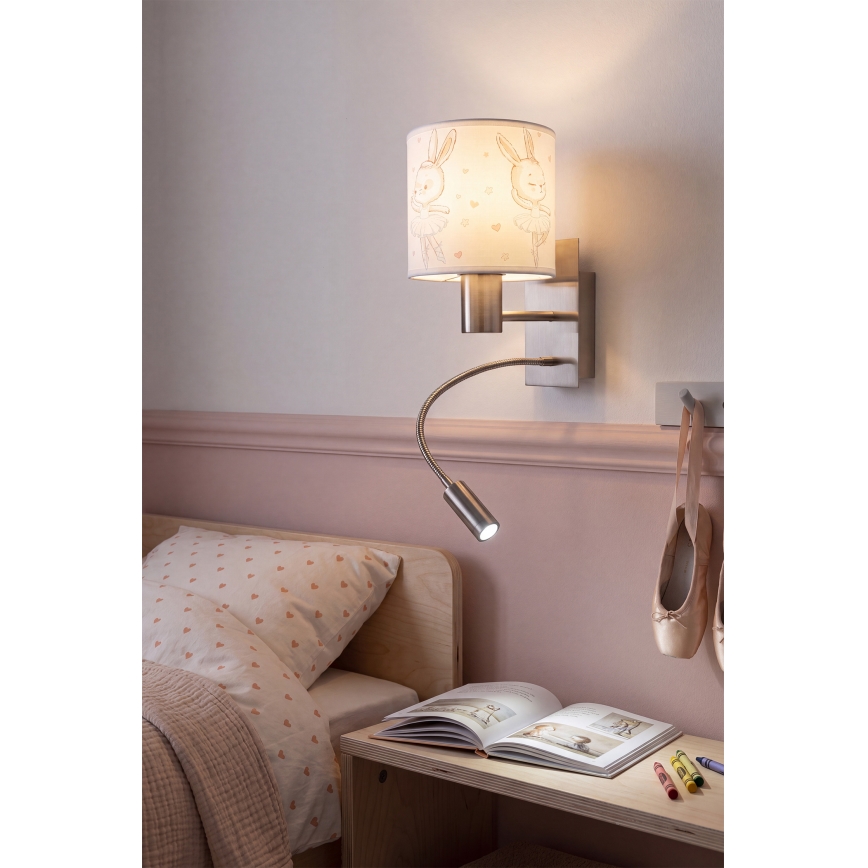 Brilagi - LED flexibele wandlamp voor kinderen BOBO 1xE27/25W/230V + LED/3W mat chroom/wit/konijntjes