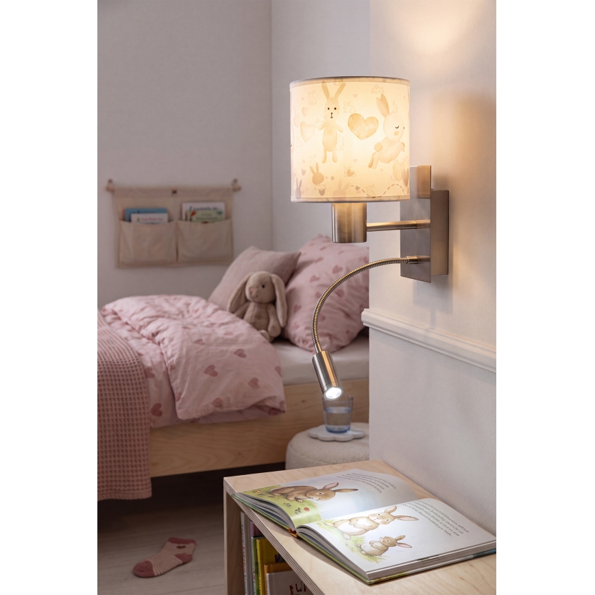 Brilagi - LED flexibele wandlamp voor kinderen BOBO 1xE27/25W/230V + LED/3W mat chroom/wit/konijntjes
