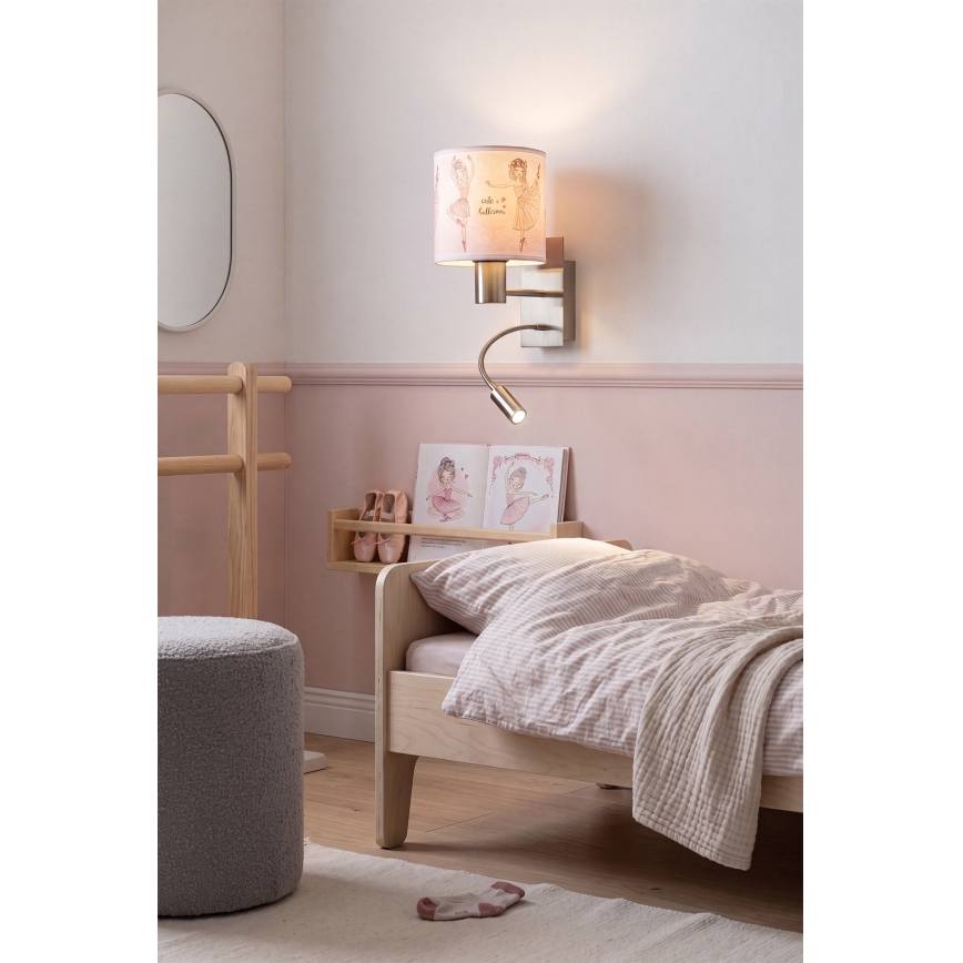 Brilagi - LED kinder flexibele wandlamp BOBO 1xE27/25W/230V + LED/3W mat chroom/wit/roze/balletschoenen