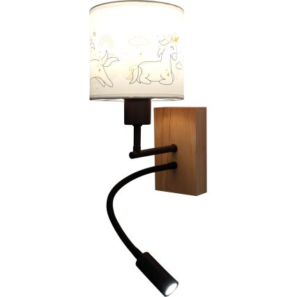 Brilagi - LED flexibele kinderwandlamp BOBO WOOD 1xE27/25W/230V + LED/3W eiken/zwart/wit/eenhoorns