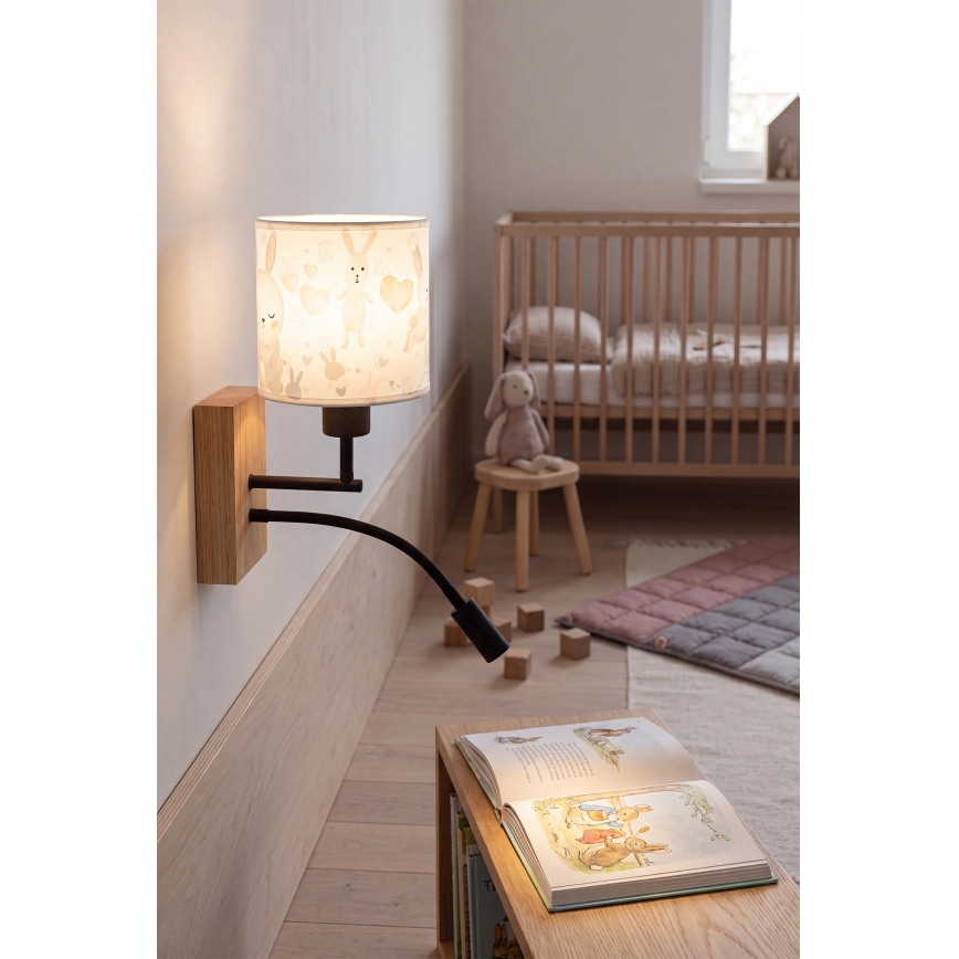 Brilagi - LED flexibele wandlamp voor kinderen BOBO WOOD 1x E27/25W/230V + geïntegreerde LED 3W, eiken/zwart/wit/konijntjes
