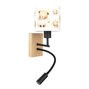 Brilagi - LED flexibele wandlamp BOBO WOOD voor de kinderkamer, 1xE27/25W/230V + LED/3W, eiken/zwart/wit, berenmotief