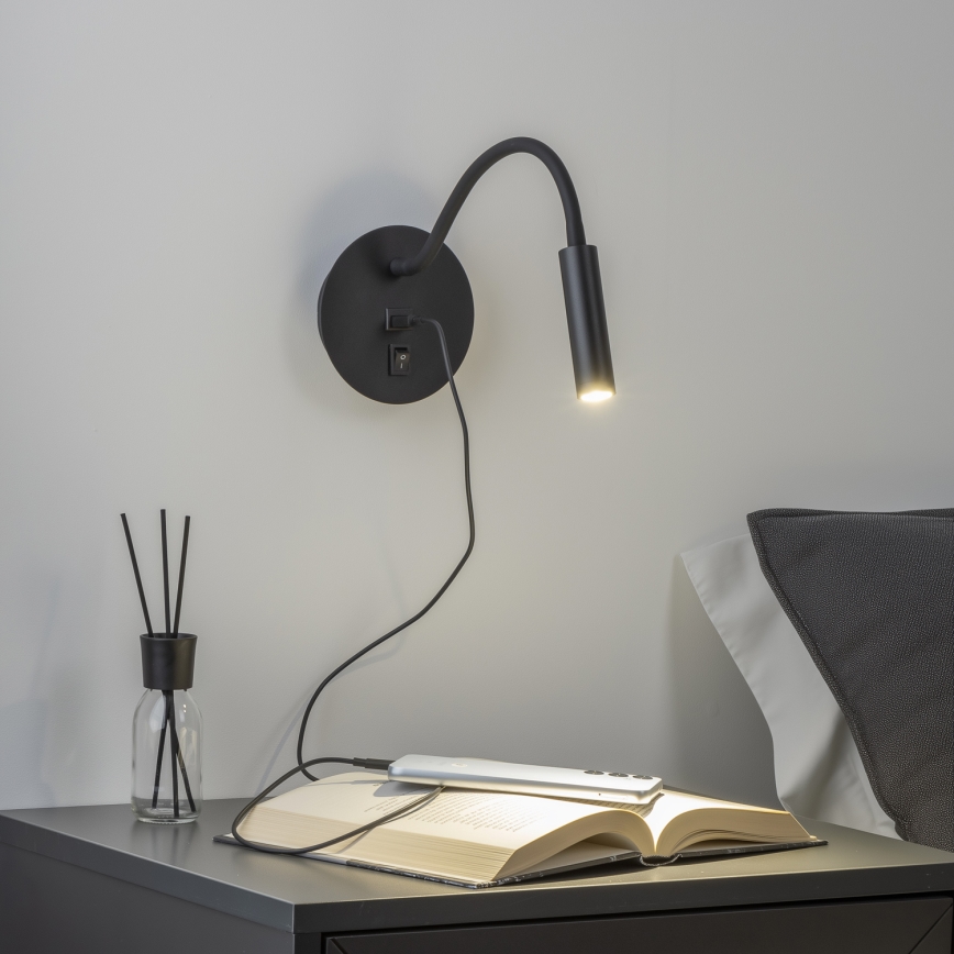 Brilagi - LED Flexibele wandlamp met USB-poort MAYA LED/3W/230V 4000K zwart