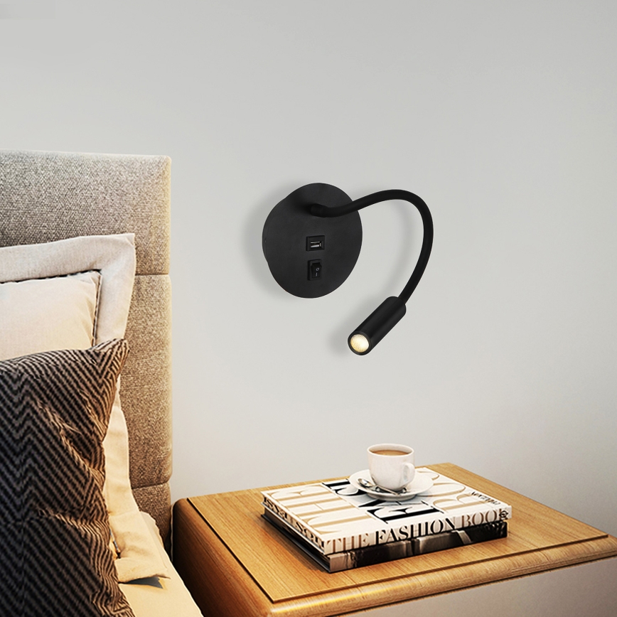 Brilagi - LED Flexibele wandlamp met USB-poort MAYA LED/3W/230V 4000K zwart
