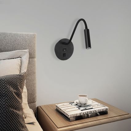 Brilagi - LED Flexibele wandlamp met USB-poort MAYA LED/3W/230V 4000K zwart