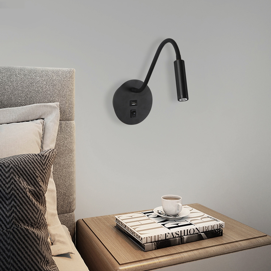 Brilagi - LED Flexibele wandlamp met USB-poort MAYA LED/3W/230V 4000K zwart