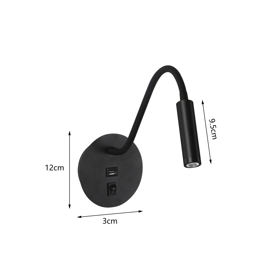 Brilagi - LED Flexibele wandlamp met USB-poort MAYA LED/3W/230V 4000K zwart