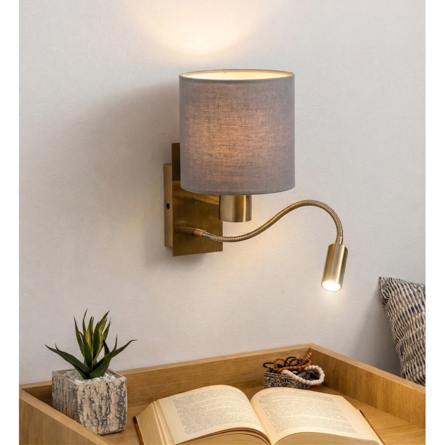 Brilagi - Flexibele LED-wandlamp NUBILA 1xE27/25W/230V + LED/3W messing/lichtgrijs