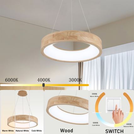 Brilagi - FALCON WOOD LED-hanglamp aan kabel LED/30W/230V 3000/4000/6000K Ø45 cm hout