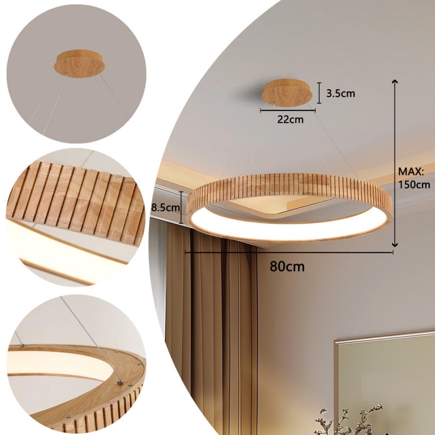 Brilagi - FALCON WOOD MODERN LED-hanglamp aan kabel, 60W/230V, 3000/4000/6000K, Ø 80 cm, hout