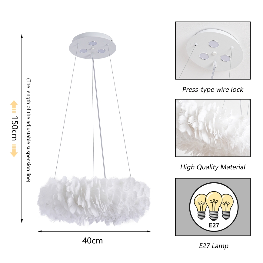 Brilagi - LED-hanglamp met kabel FEATHER 3xE27/40W/230V + 3xLED/3W Ø 40 cm wit