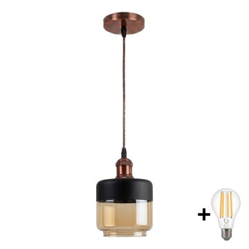 Brilagi - LED-hanglamp met kabel RETRO GLASS 1xE27/60W/230V Ø 14 cm koper/rookbeige/zwart