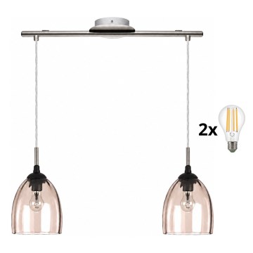 BRILAGI - LED-hanglamp met kabel RETRO GLASS 2xE27/60W/230V mat chroom/rookbeige