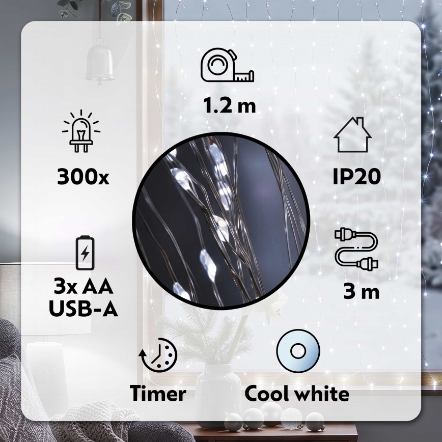 BRILAGI - LED Kerst Lichtgordijn 300xLED/8 functies/3xAA/USB 1,2m koud wit