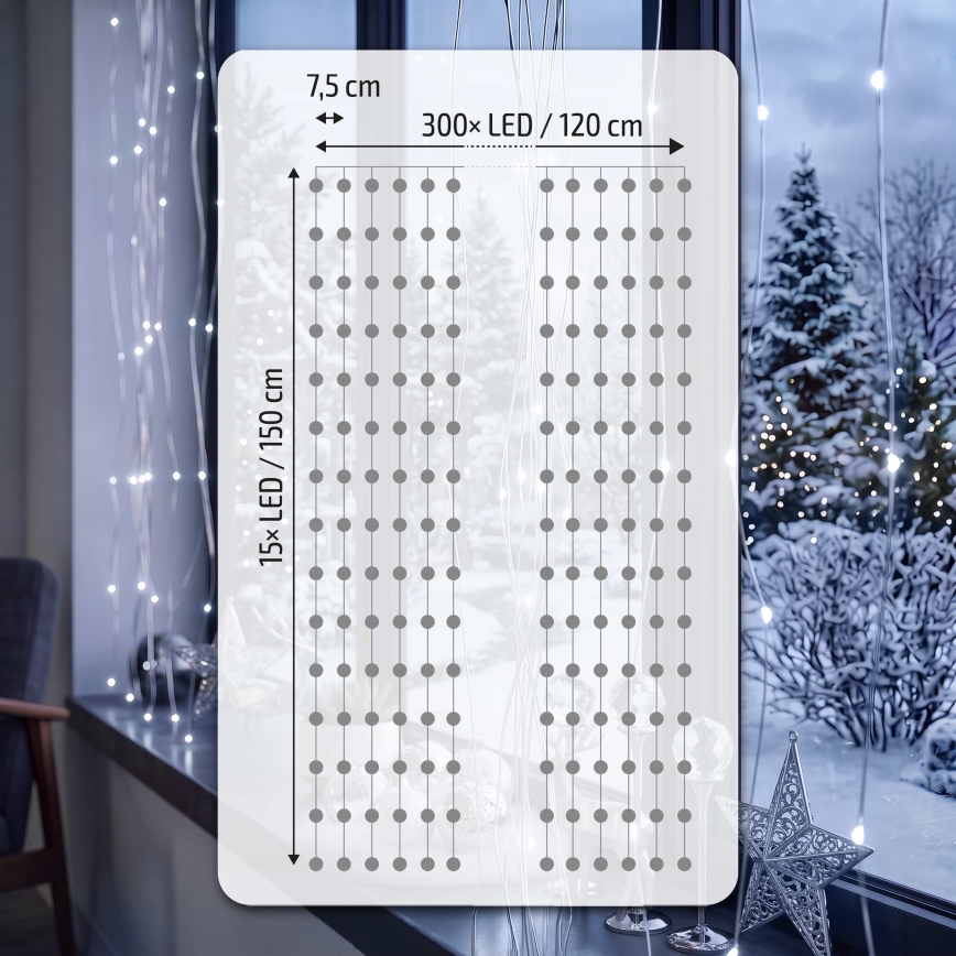 BRILAGI - LED Kerst Lichtgordijn 300xLED/8 functies/3xAA/USB 1,2m koud wit