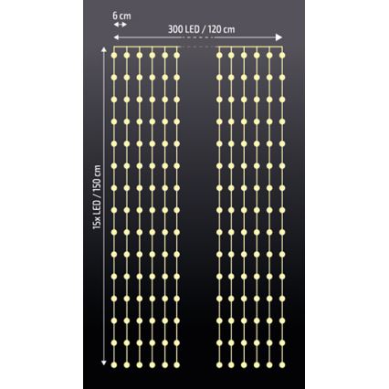 Brilagi - LED Kerst Lichtgordijn 300xLED/8 functies/3xAA/USB 1,2m warm wit