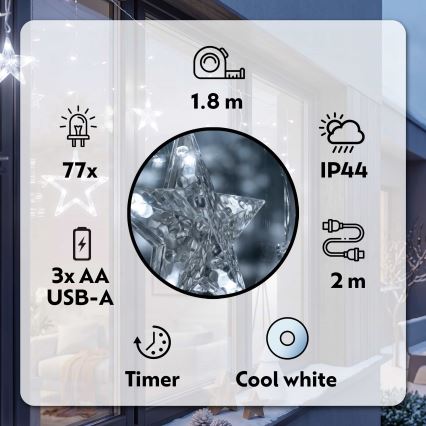 BRILAGI - LED Kerst Lichtgordijn voor buiten 77xLED/3xAA/USB 1,8m IP44 koud wit