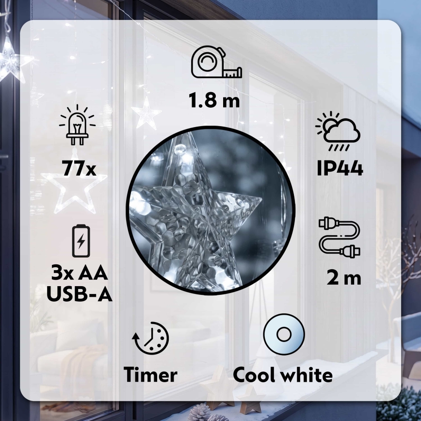 BRILAGI - LED Kerst Lichtgordijn voor buiten 77xLED/3xAA/USB 1,8m IP44 koud wit