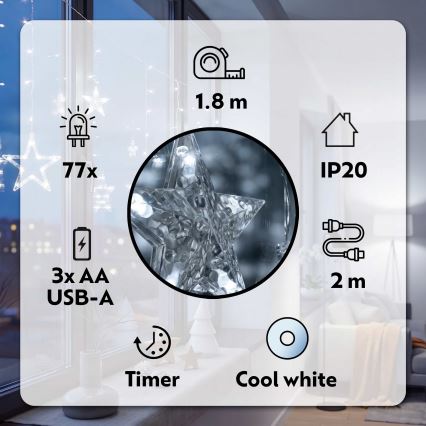 BRILAGI - LED Kerst Lichtketting 77xLED/3xAA/USB 1,8m cool wit