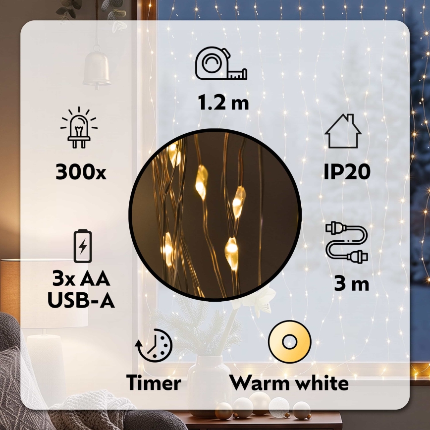 BRILAGI - LED kerstgordijn 300xLED/8 functies/3xAA/USB 1,2m warm wit
