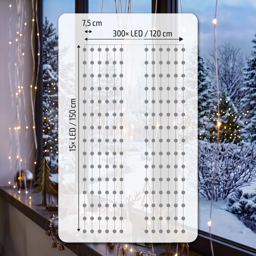 BRILAGI - LED kerstgordijn 300xLED/8 functies/3xAA/USB 1,2m warm wit