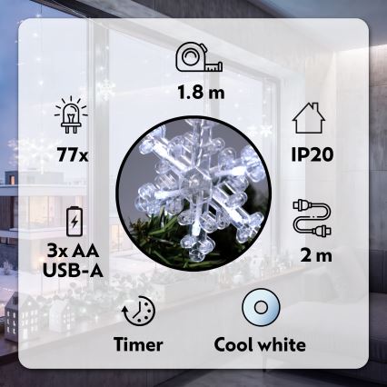 BRILAGI - LED kerstgordijn 77xLED/3xAA/USB 3,8m sneeuwvlokken koud wit