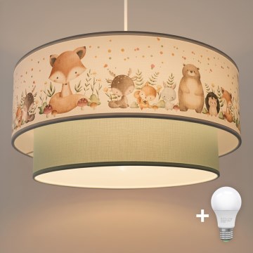 Brilagi- LED kinderhanglamp aan kabel BOBO 1xE27/60W/230V Ø 40 cm wit/groen/dierenmotief