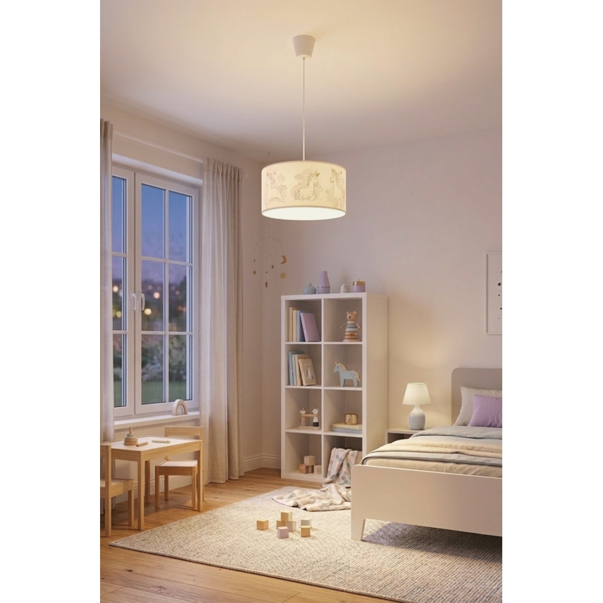 Brilagi - LED Kinderhanglamp aan snoer BOBO 1xE27/60W/230V Ø 35 cm wit/eenhoorns