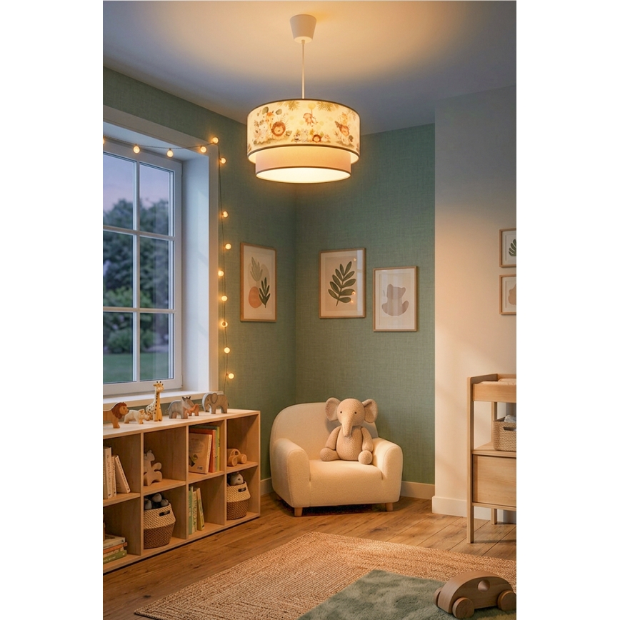 Brilagi-LED Kinderhanglamp BOBO aan kabel, 1x E27/60W/230V, Ø 40 cm, crème/groen/jungle
