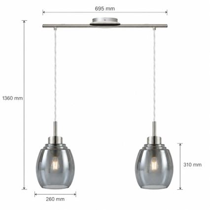 BRILAGI - LED-kroonluchter aan kabel RETRO GLASS 2xE27/60W/230V mat chroom/rookgrijs