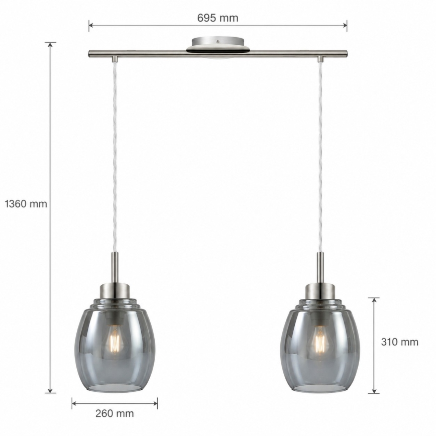 BRILAGI - LED-kroonluchter aan kabel RETRO GLASS 2xE27/60W/230V mat chroom/rookgrijs