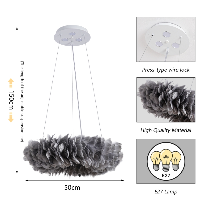 Brilagi - LED-kroonluchter aan snoer FEATHER 3xE27/40W/230V + 3xLED/3W Ø 50 cm grijs