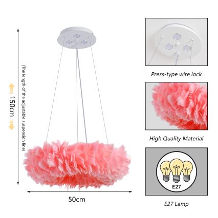 Brilagi - LED-kroonluchter met snoer FEATHER 3xE27/40W/230V + 3xLED/3W Ø 50 cm roze