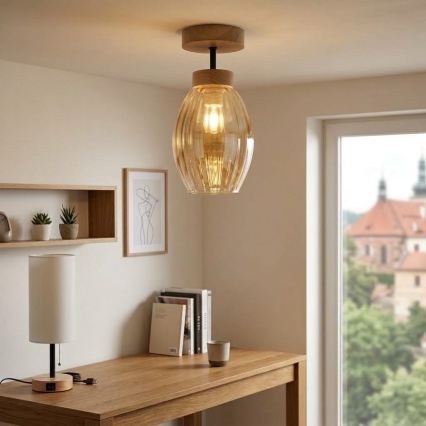 BRILAGI - LED Opbouwkroonluchter RETRO GLASS 1xE27/60W/230V Ø 17 cm eiken/rookbeige
