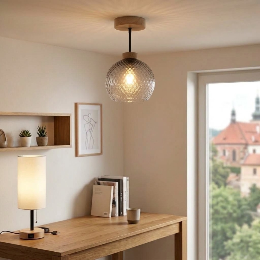 BRILAGI - LED Opbouwkroonluchter RETRO GLASS 1xE27/60W/230V Ø 18 cm eiken/rookgrijs