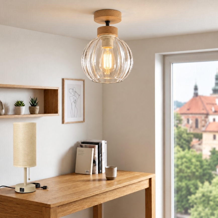 BRILAGI - LED-opbouwplafondlamp RETRO GLASS 1xE27/60W/230V Ø 18 cm eiken/helder