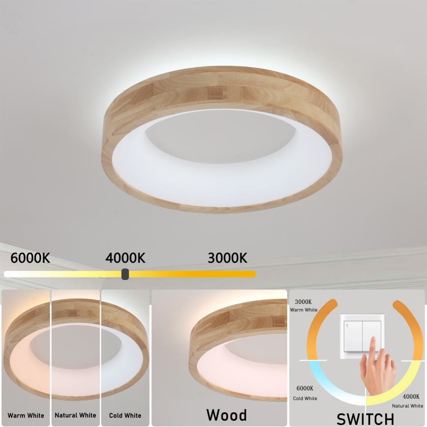 Brilagi - LED-plafondlamp FALCON WOOD, 30W, 230V, 3000/4000/6000K, Ø 45 cm, hout