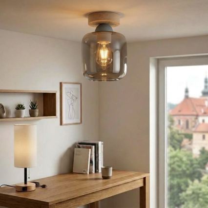 BRILAGI - LED-plafondlamp RETRO GLASS 1xE27/60W/230V Ø 14 cm eiken/rookgrijs